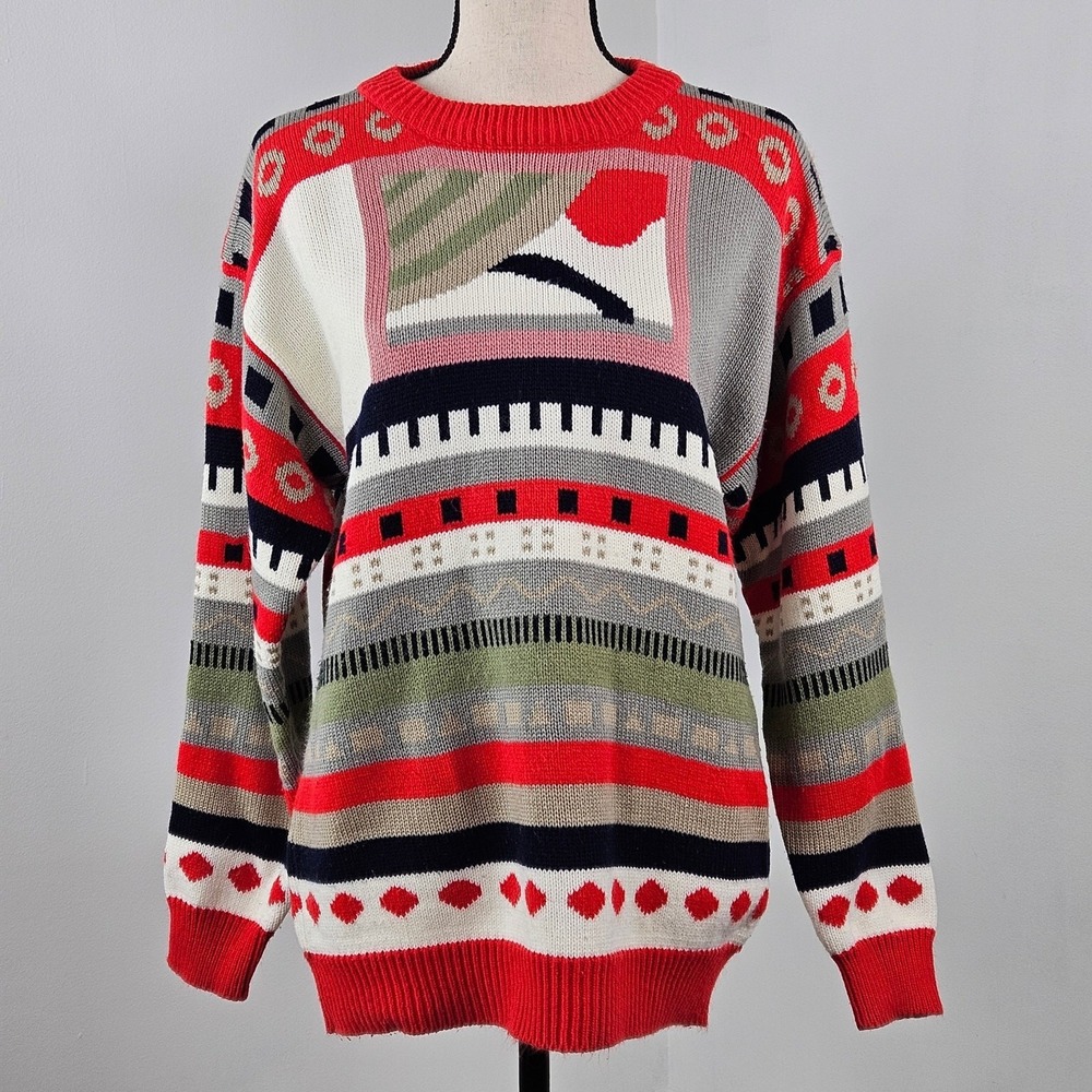 Emodi Vintage Grandpa Cosby Dad Knit Sweater 90s Pattern Red Black |‎ Large
